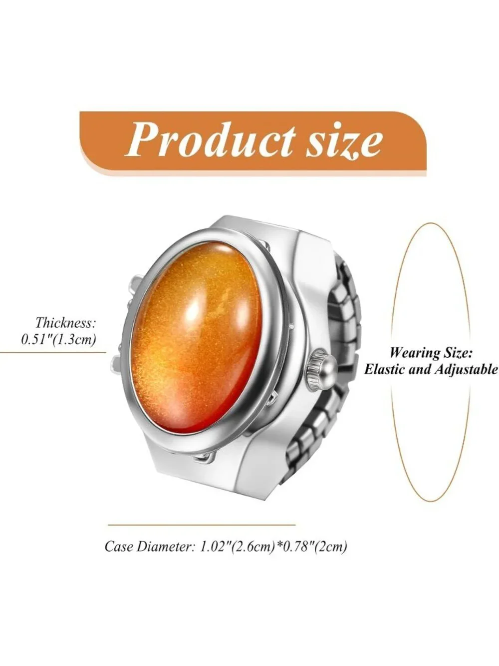 Unisex Orange Analog Elastic Band Stainless Steel Stretchy Finger Ring Watch